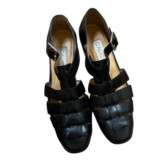 Calico low heel black leather sandals adjustable buckle classic casual 6M 1980's - Picture 5 of 8